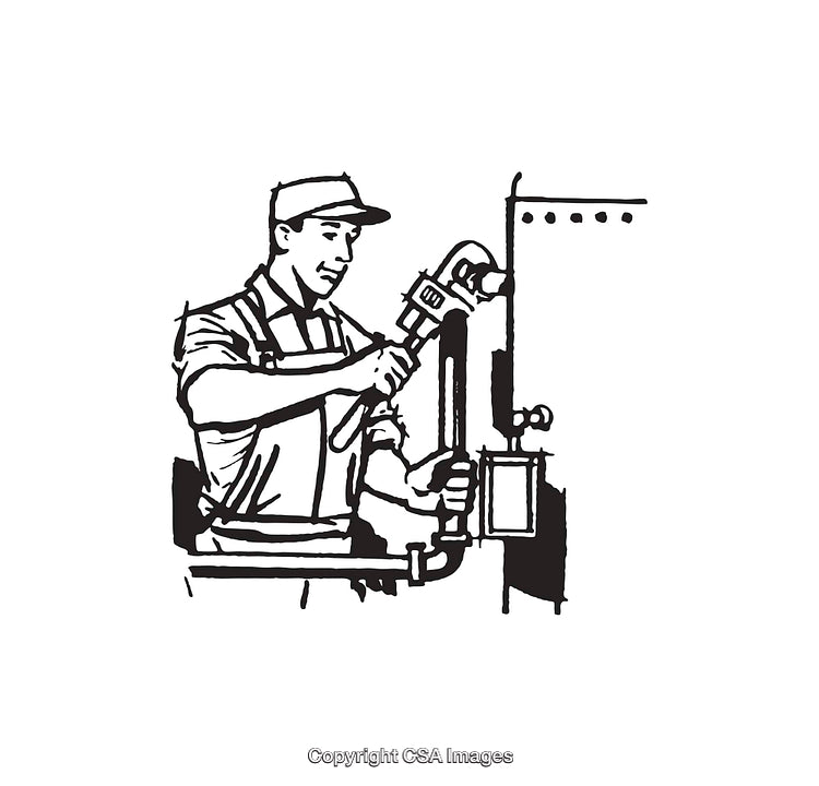 Black and White Illustration of a Tradesman Using a Wrench on Equipment