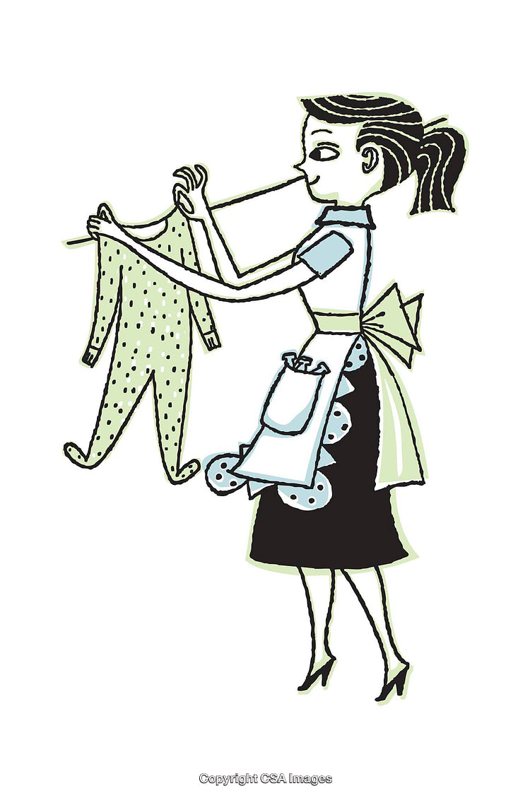 Whimsical Illustration of Woman Holding Clothing with Vintage Style