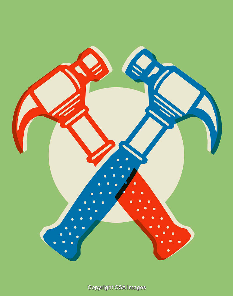 Colorful Crossed Hammers Illustration on Green Background with Pop Art Style