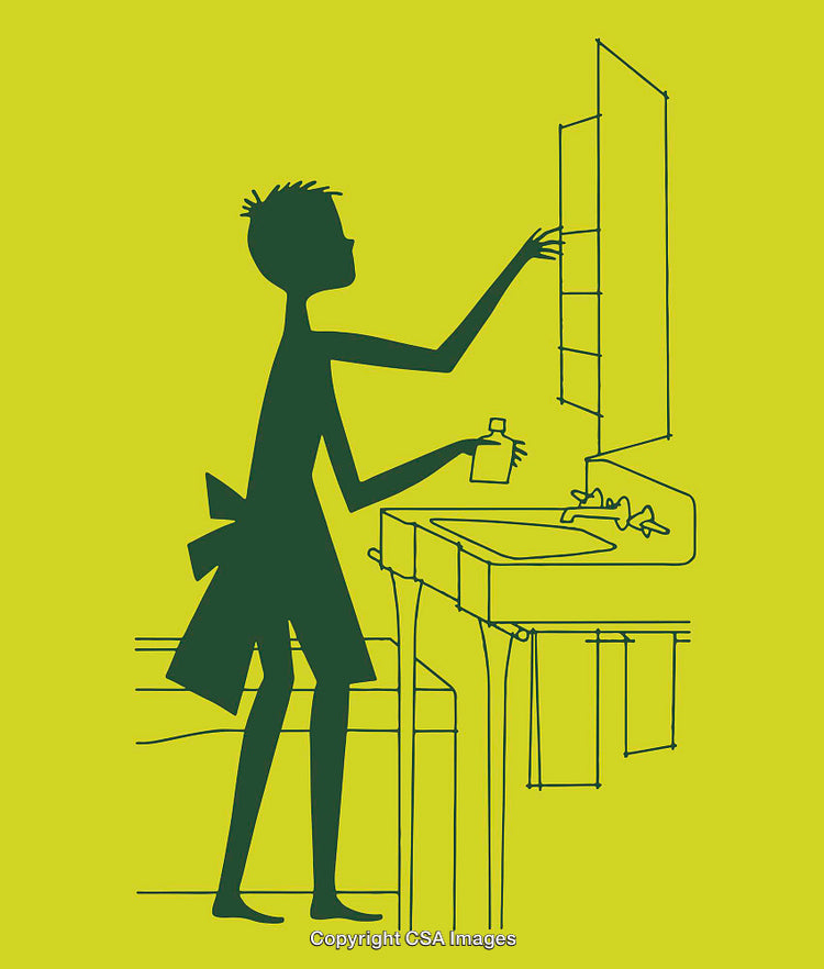 Minimalist Illustration of Person Organizing a Bathroom Sink Cabinet
