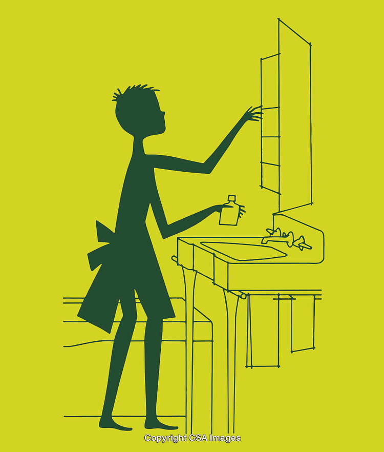 Minimalist Illustration of Person Organizing a Bathroom Sink Cabinet