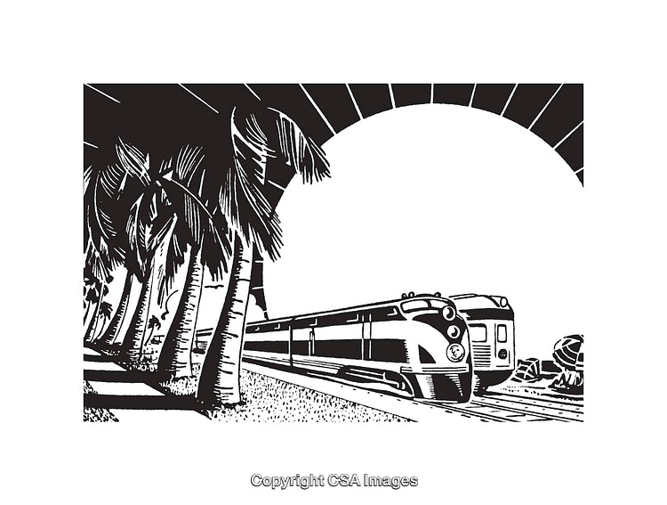 Retro Train and Palm Trees in Black and White Line Art Illustration