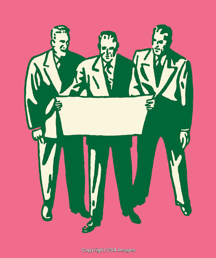 Stylized Illustration of Businessmen Analyzing a Document on Pink Background