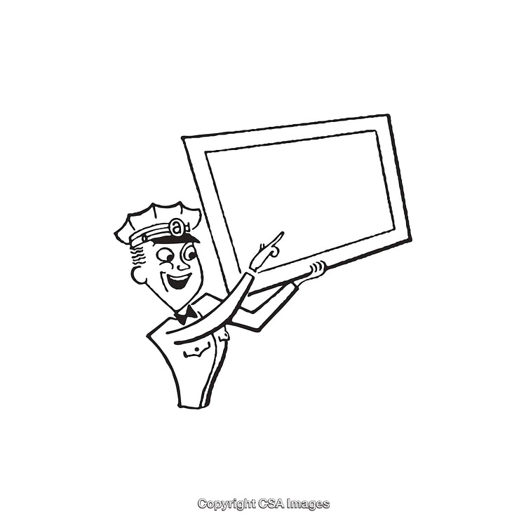 Smiling Policeman Holding Blank Frame and Pointing