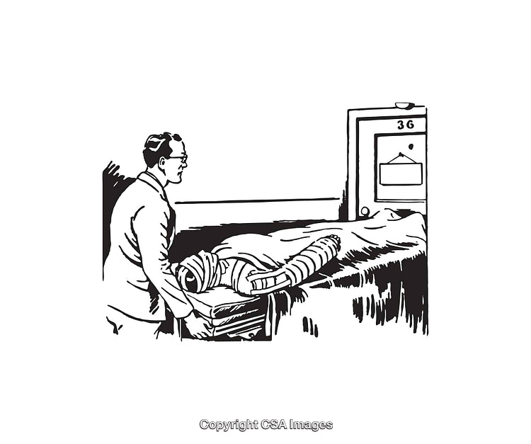 Black And White Illustration of a Man Near a Medical Equipment
