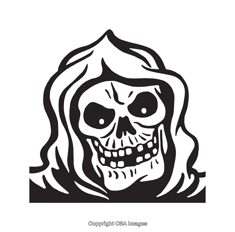 Black and White Line Art of Grim Reaper Skull with Hood