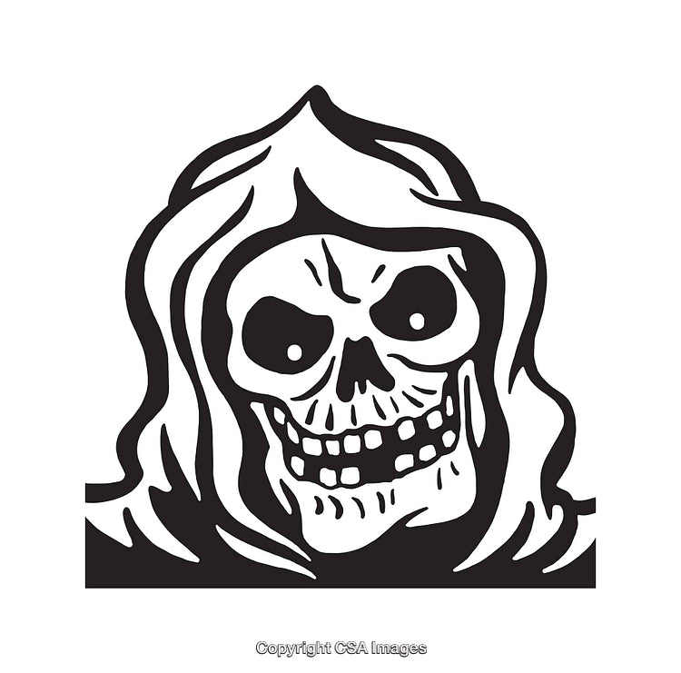 Black and White Line Art of Grim Reaper Skull with Hood
