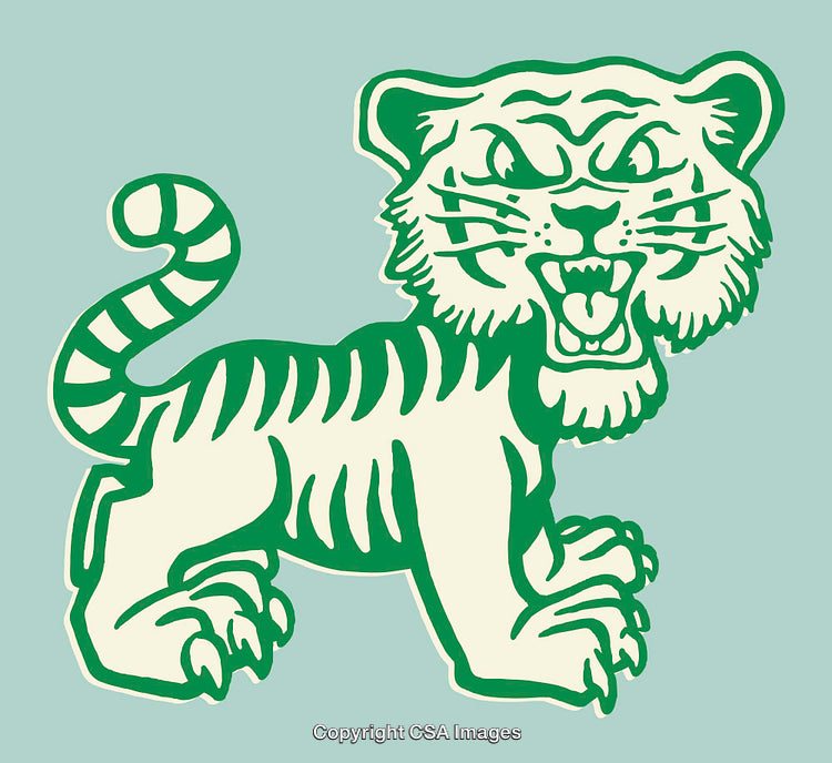 Green and White Roaring Tiger Line Art Illustration on Blue Background