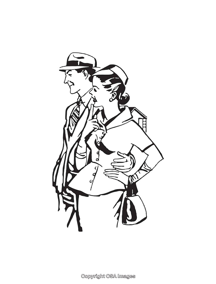 Vintage Black and White Line Art of a Happy Couple Walking Together