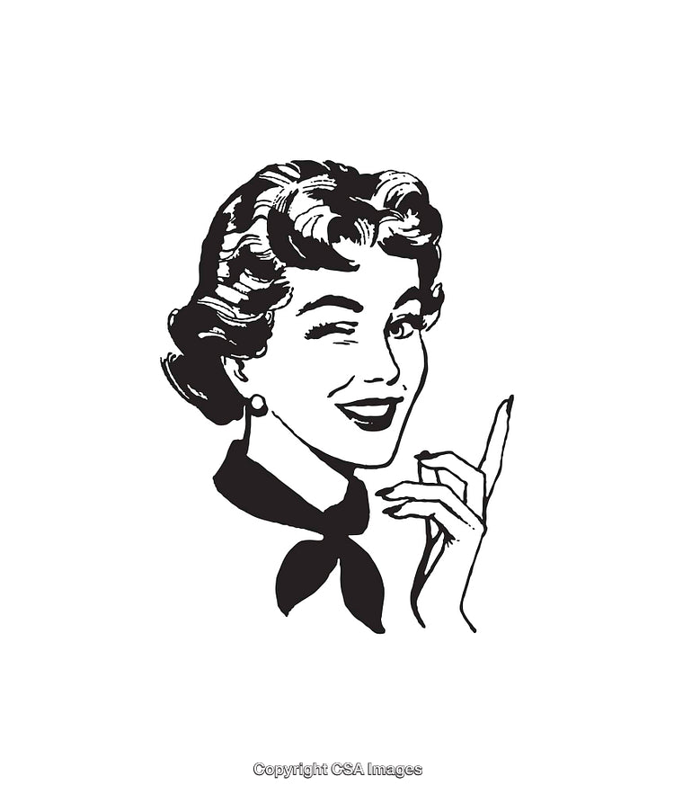 Retro Styled Black and White Line Art of a Smiling Woman Winking