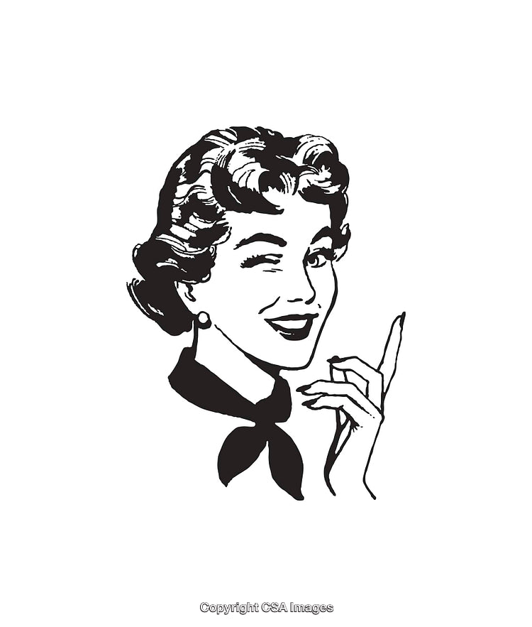 Retro Styled Black and White Line Art of a Smiling Woman Winking