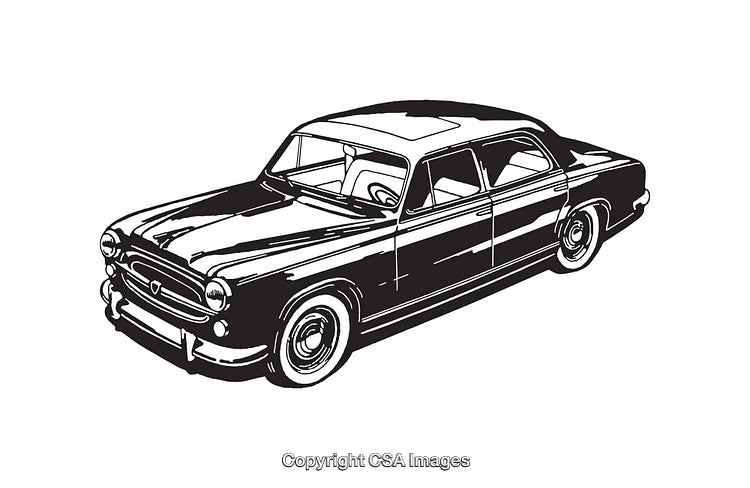 Vintage Black and White Line Art Illustration of a Classic Car
