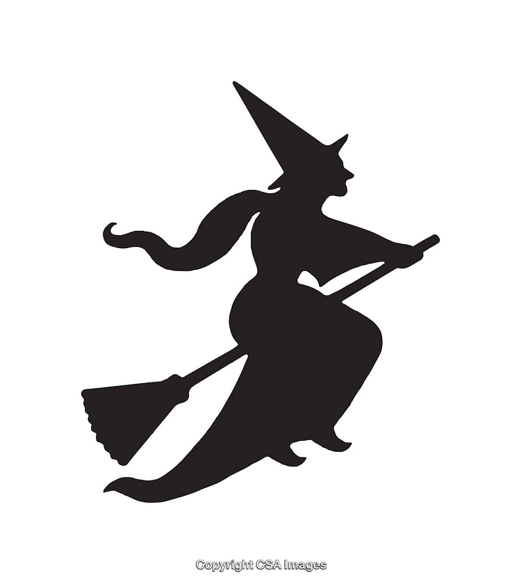 Silhouette of a Witch Flying on a Broomstick in Black and White