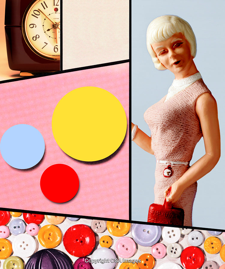 Retro Collage with Vintage Doll, Buttons, and Colorful Graphics