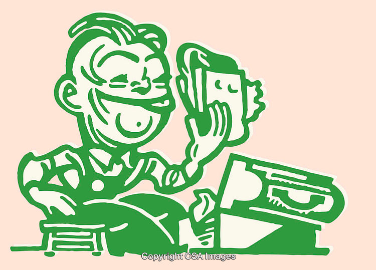 Vintage Style Line Art of a Cheerful Person Using a Cash Register