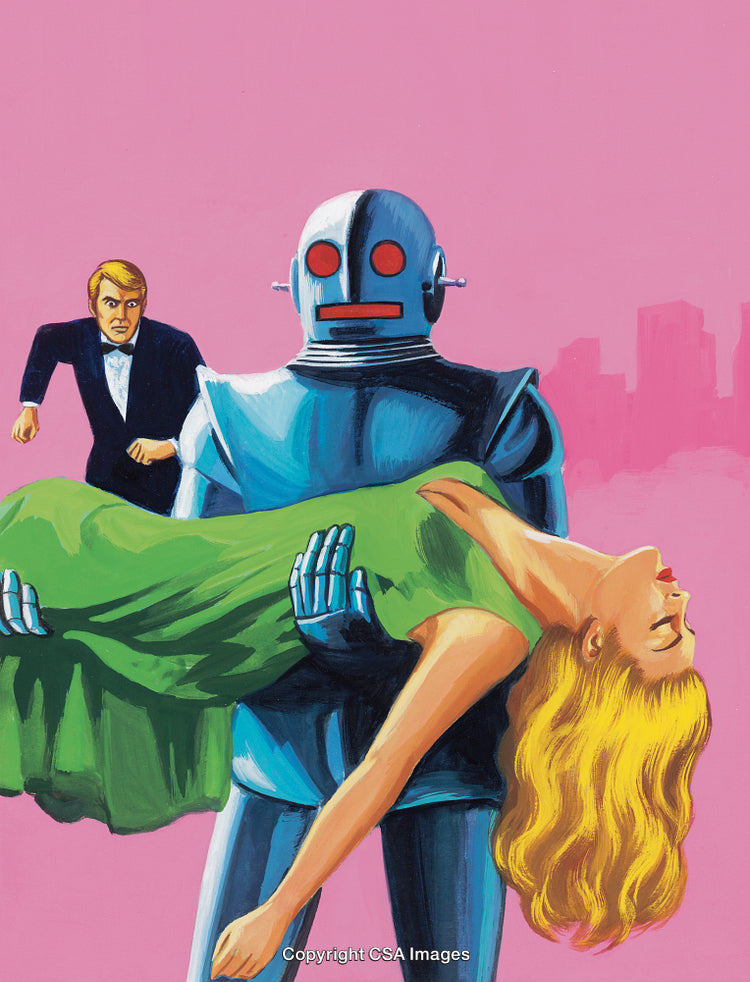 Robot Holding Woman While Man Approaches Dramatic Vintage Scene