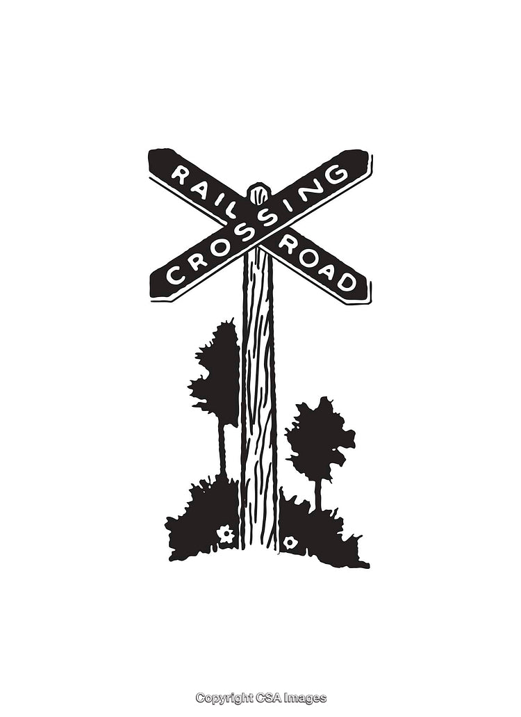 Black and White Railroad Crossing Sign Illustration with Scenic Elements