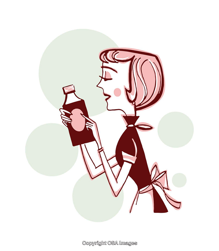 Vintage Style Illustration of Woman Holding a Bottle with Delight