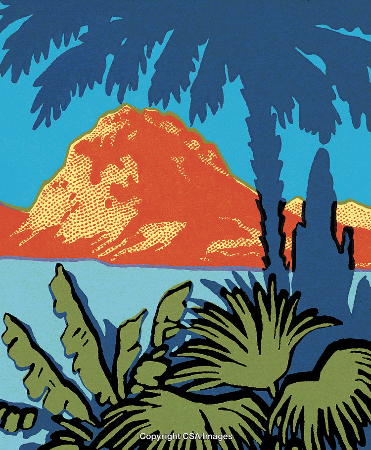 Colorful Tropical Mountainscape with Lush Palm Fronds and Vibrant Sky