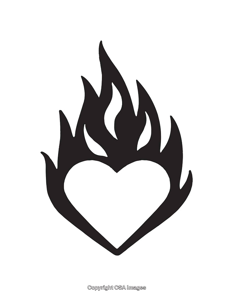 Heart Symbol Surrounded by Stylized Flames in Black and White