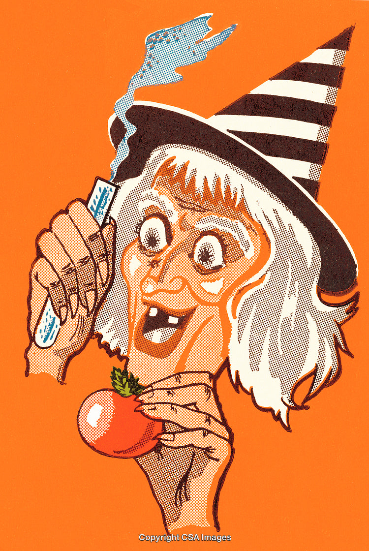 Illustration of a Witch Preparing a Potion with a Tomato on Orange Background