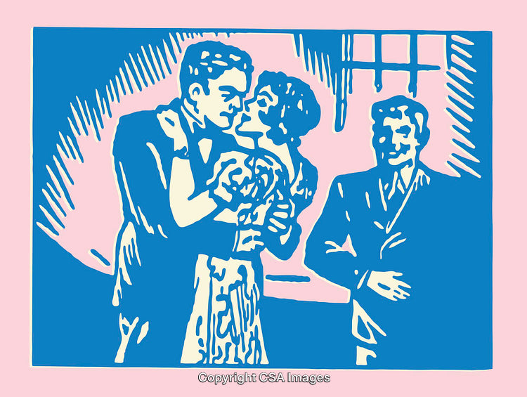 Vintage Style Romantic Couple Illustration with Watchful Observer