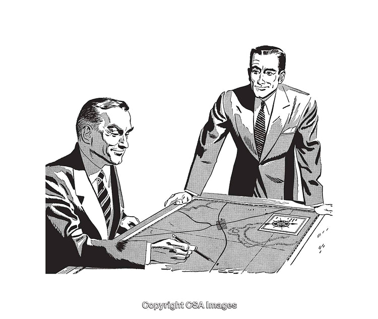 Classic Business Professionals Reviewing a Map in Black and White Illustration