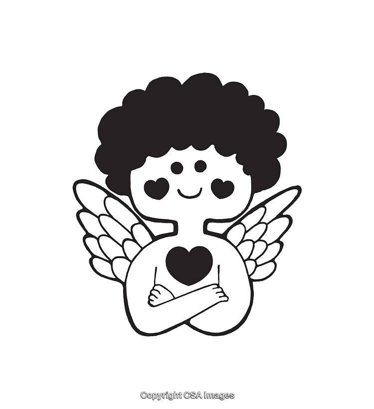 Black and White Line Art of a Cute Angel with Heart Motif