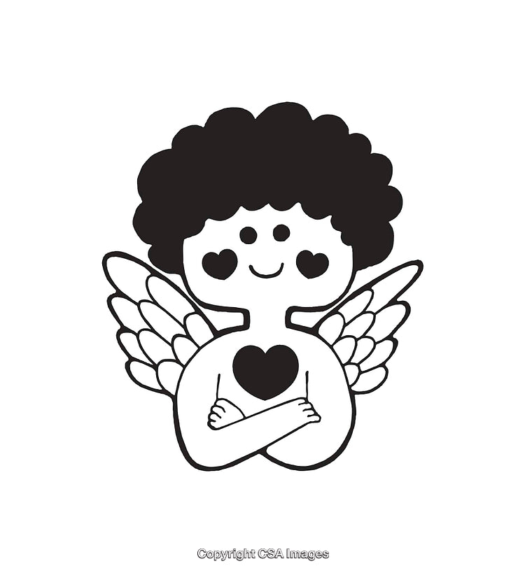 Black and White Line Art of a Cute Angel with Heart Motif