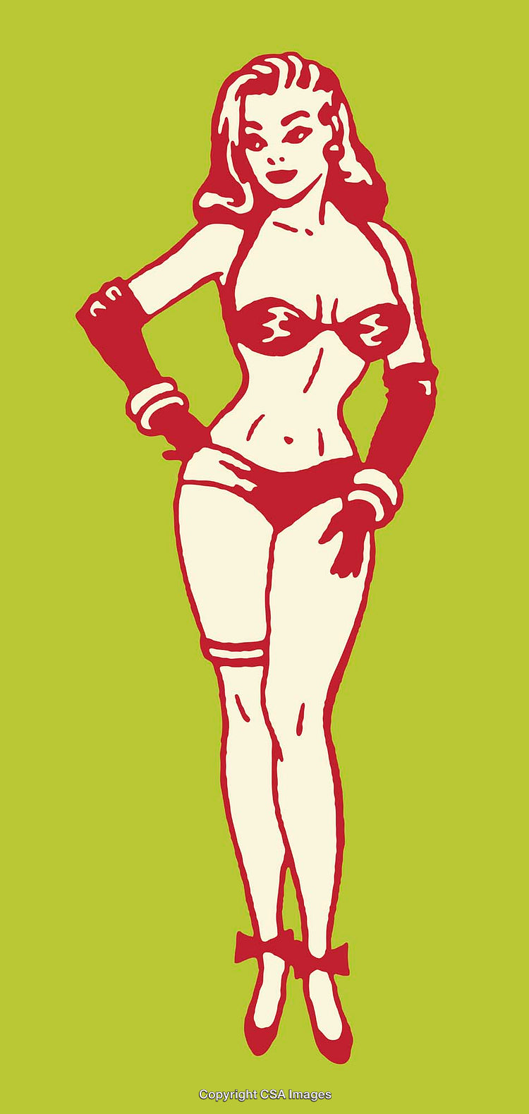 Vintage Pin-Up Style Artwork Featuring Female Figure on Green Background
