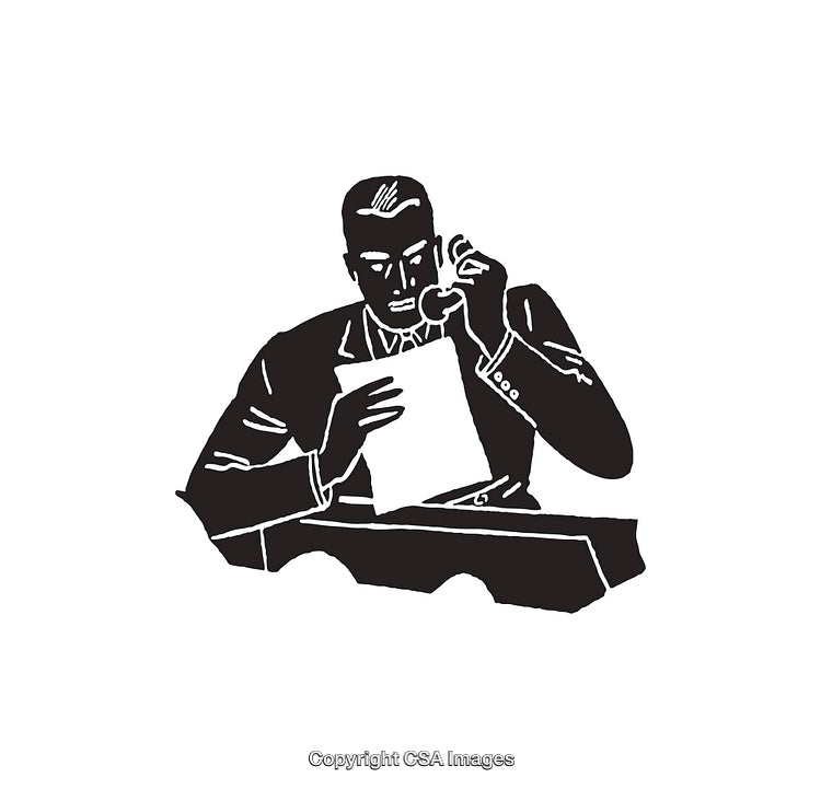Black and White Businessman Illustration Reading Document While Using Telephone