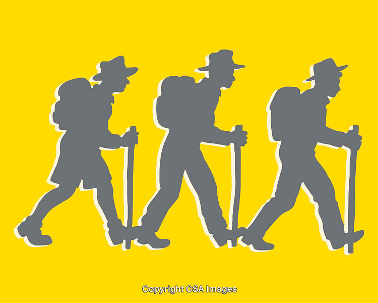 Silhouettes of Hikers Walking With Backpacks and Poles on Yellow Background