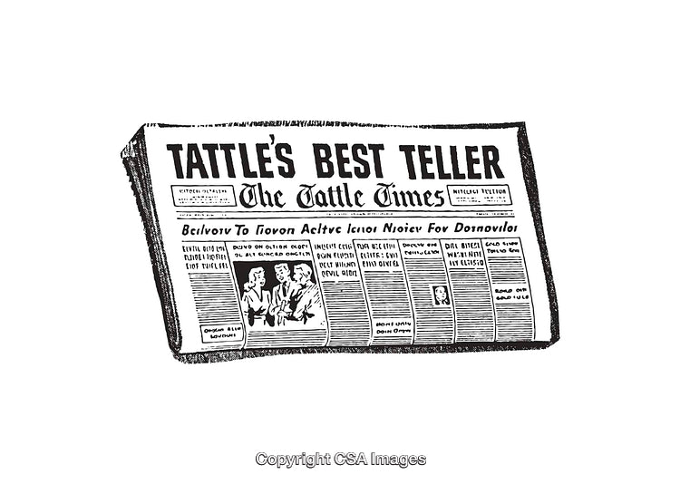 Vintage Newspaper Illustration with Bold Text and Articles in Monochrome Style