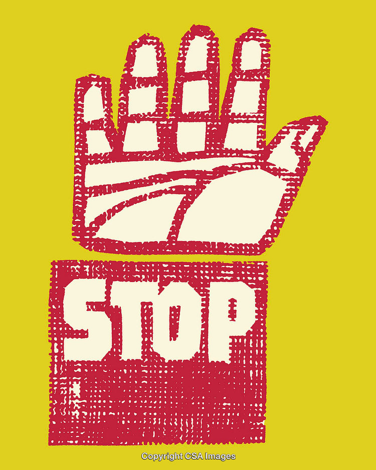 Graphic Illustration of a Raised Hand with 'Stop' Text