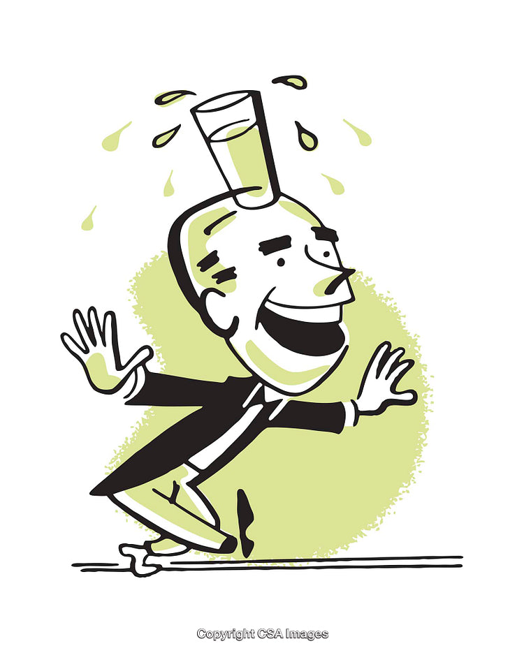 Retro Illustration of a Man Balancing a Glass On His Head, Expressing Fun