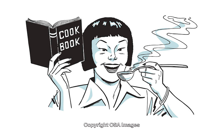 Illustration of a Woman Reading a Cookbook and Tasting a Steaming Dish