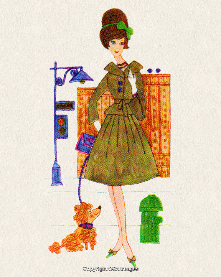 Illustration of a Stylish Woman Walking Her Poodle in the City