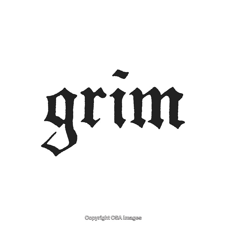 Gothic Text Design Featuring the Word Grim in Black on White Background
