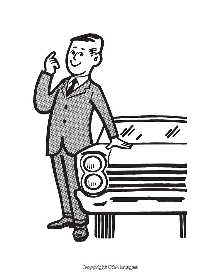 Vintage Businessman Standing Confidently Beside a Classic Car Illustration