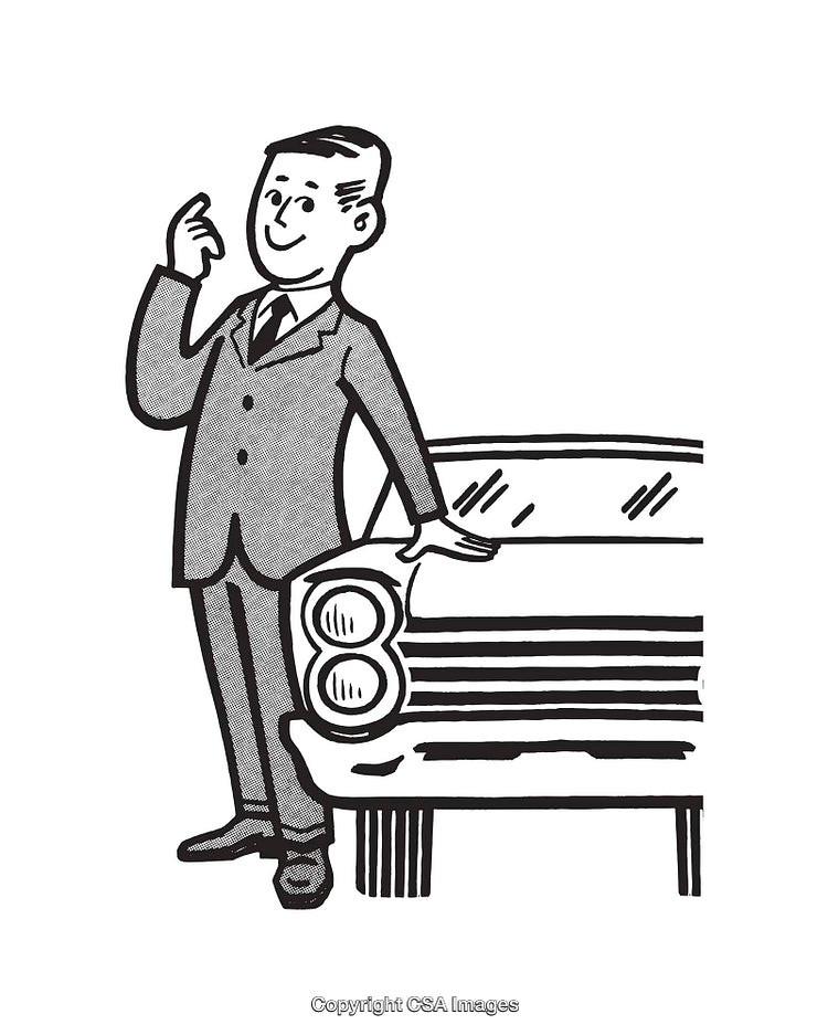 Vintage Businessman Standing Confidently Beside a Classic Car Illustration