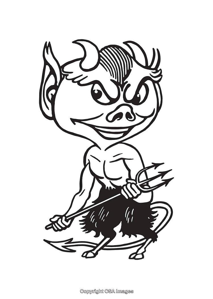 Black and White Line Art Illustration of a Devilish Imp Holding a Fork