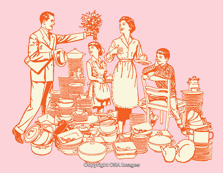 Retro Illustration of Family Among Dishes with Pink Background