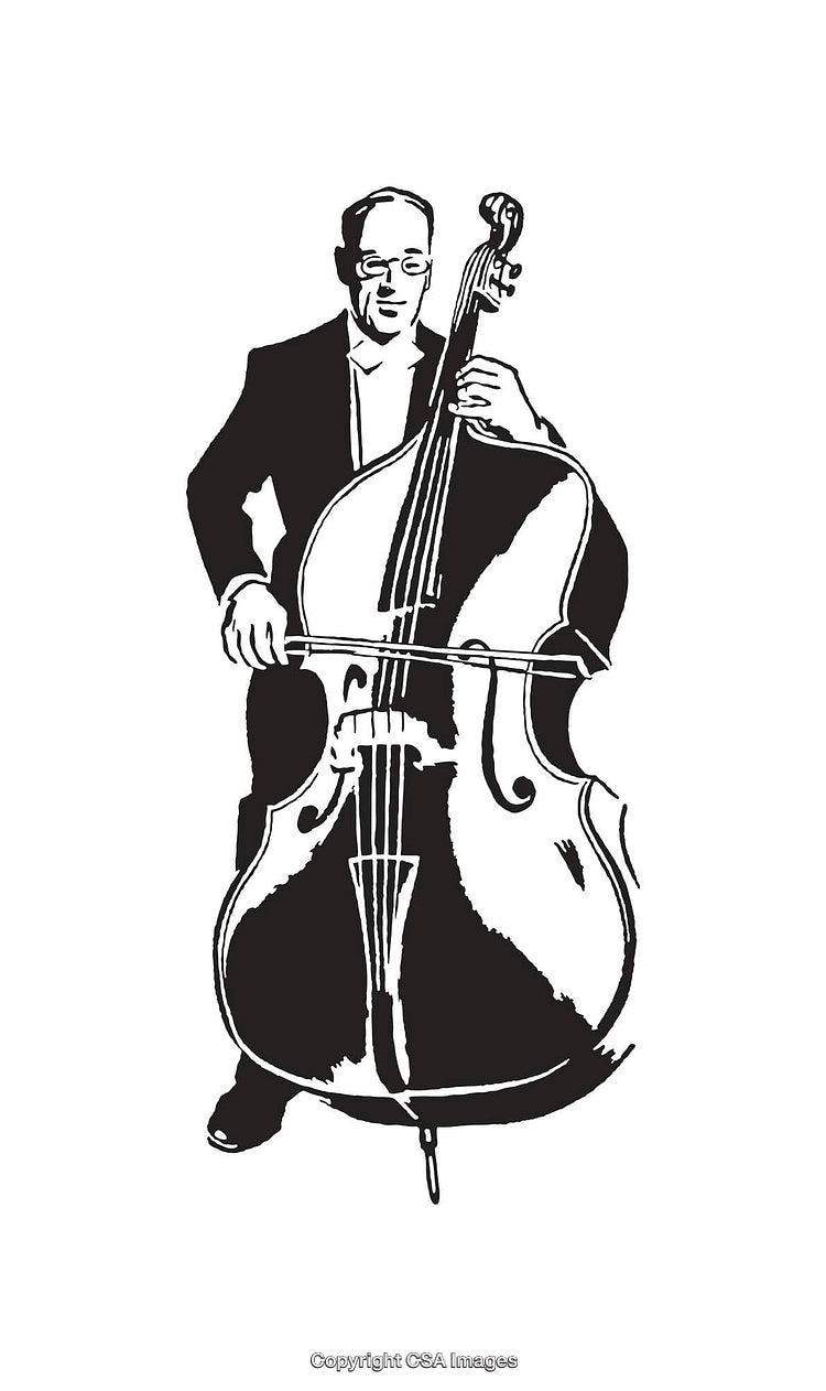 Black and White Line Art of a Musician Playing a Double Bass
