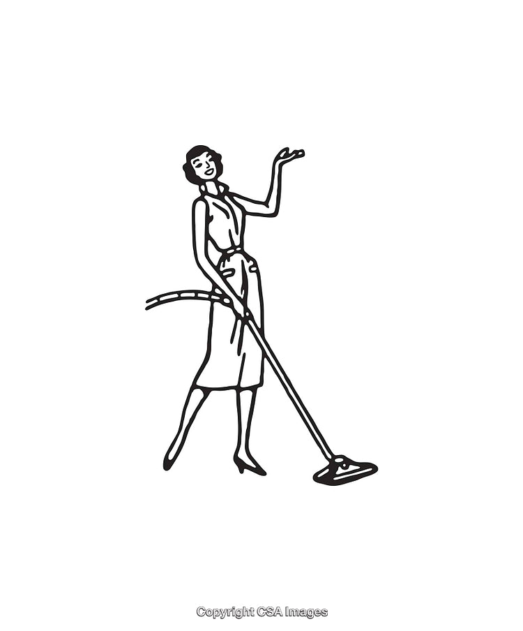 Black And White Illustration of a Woman Cleaning With a Vacuum Cleaner