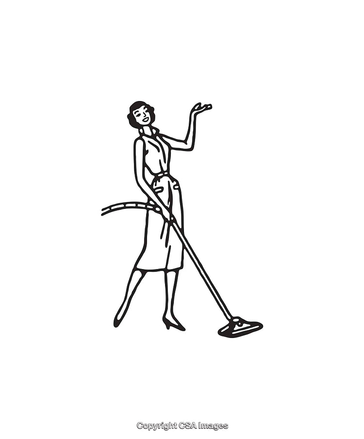 Black And White Illustration of a Woman Cleaning With a Vacuum Cleaner