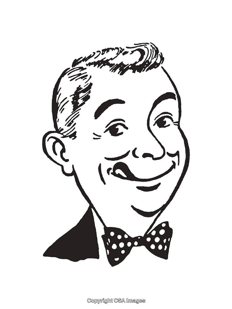 Retro Black and White Illustration of a Smiling Man in a Bow Tie