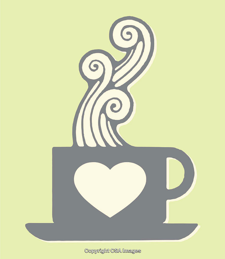 Stylized Coffee Cup Illustration with Heart Icon and Swirling Steam Design