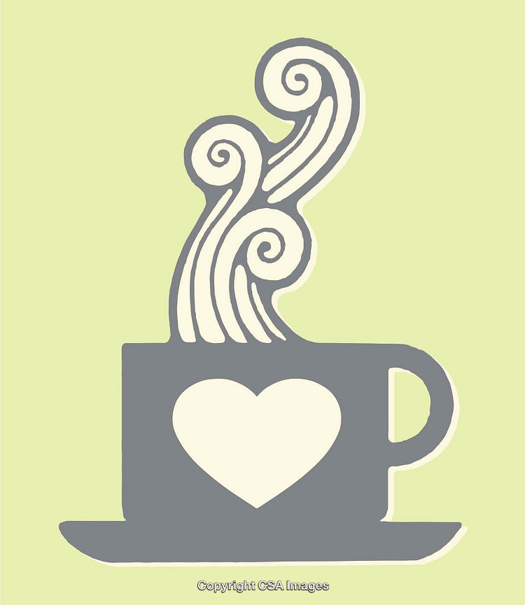 Stylized Coffee Cup Illustration with Heart Icon and Swirling Steam Design