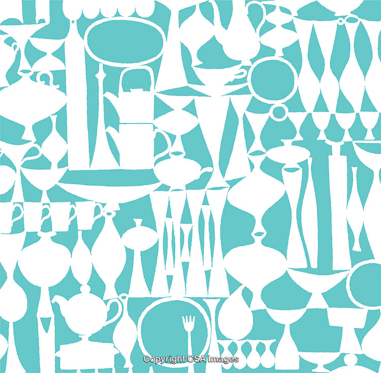Retro-Inspired Abstract Teal and White Kitchenware Pattern Art Design