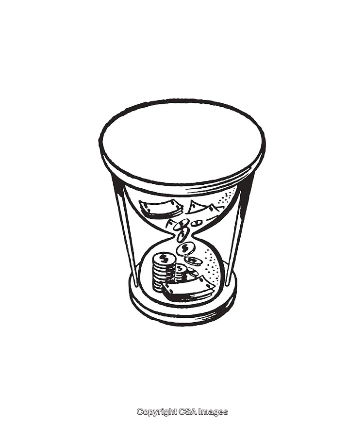 Black and White Line Art of an Hourglass with Money Inside